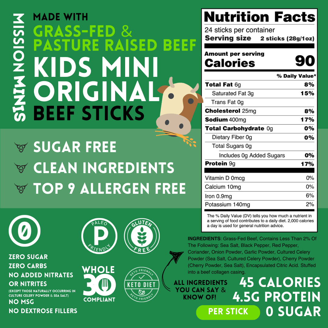 Kids Beef Sticks (100% Grass Fed & Pasture Raised Beef, Sugar & Allergen Free)