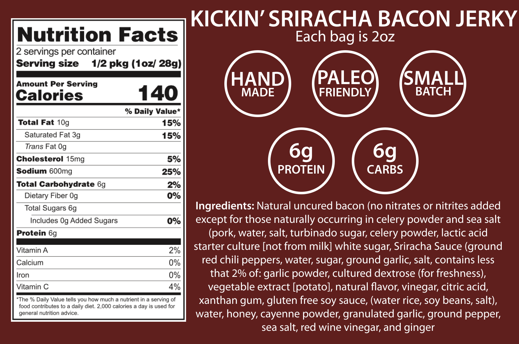 Mission Meats Bacon Jerky Kickin Sriracha Bacon Jerky Delicious Uncured Real Bacon Jerky Hand Crafted Small Batch Kickin' Sriracha MSG Free Nitrate & Nitrite Free