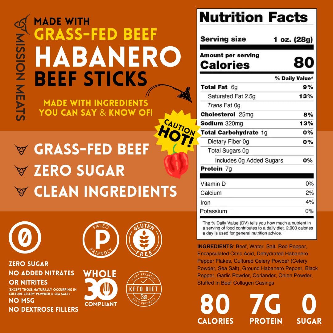Grass Fed Beef Sticks (100% Grass Fed & Pasture Raised Beef, Clean Ingredients, Sugar Free)