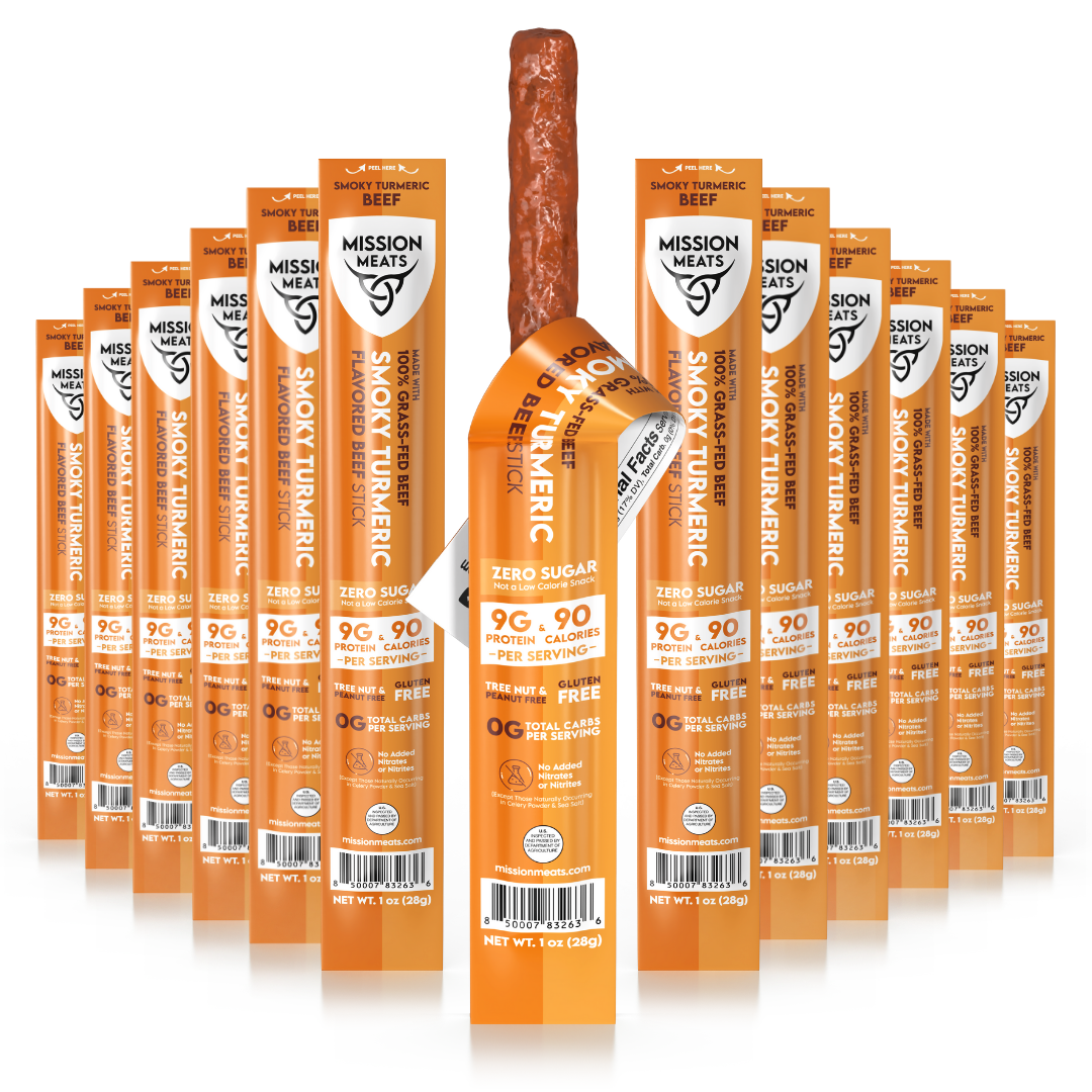 Mission Meats Smoky Turmeric beef sticks with packaging on a white background