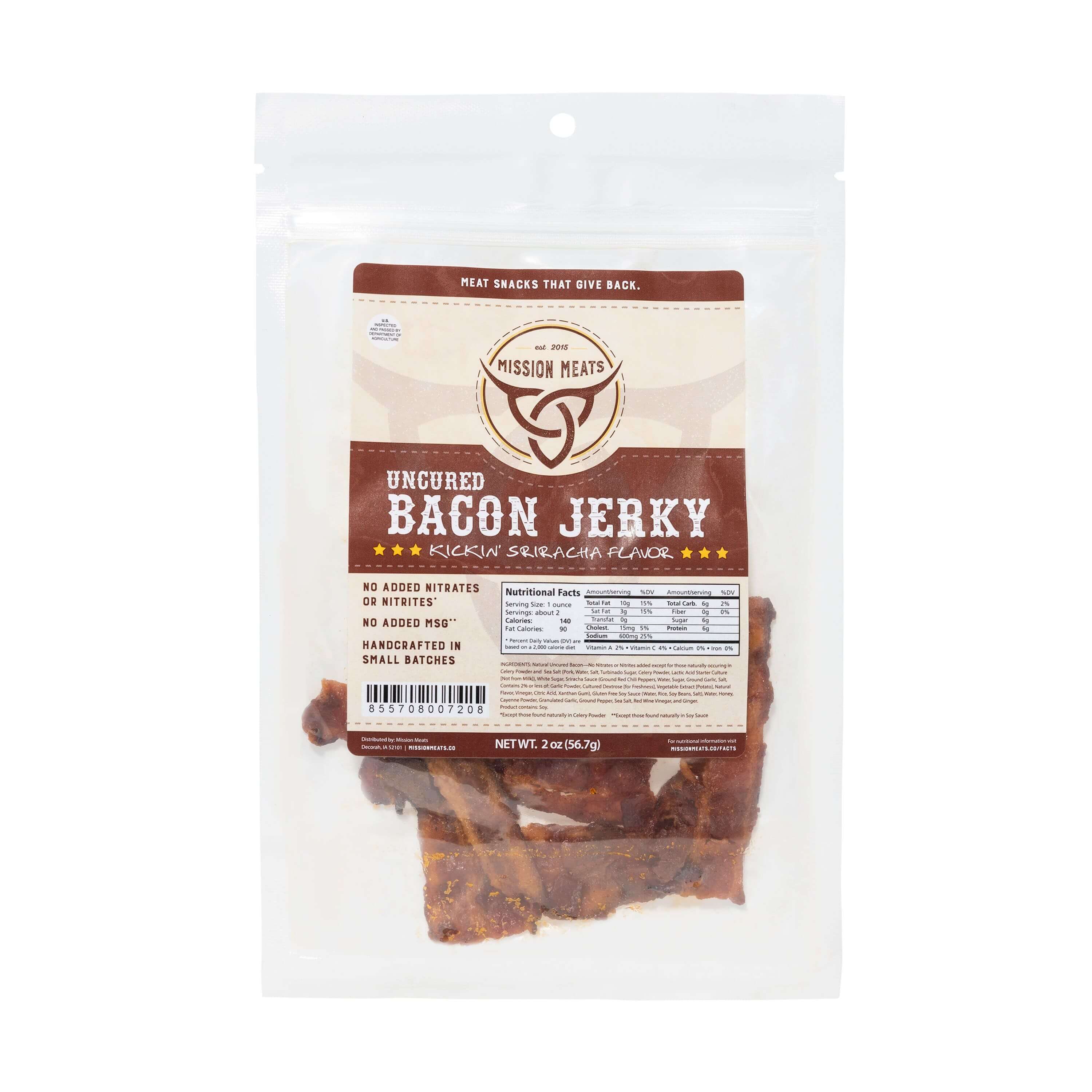 Mission Meats Bacon Jerky Kickin Sriracha Bacon Jerky Delicious Uncured Real Bacon Jerky Hand Crafted Small Batch Kickin' Sriracha MSG Free Nitrate & Nitrite Free