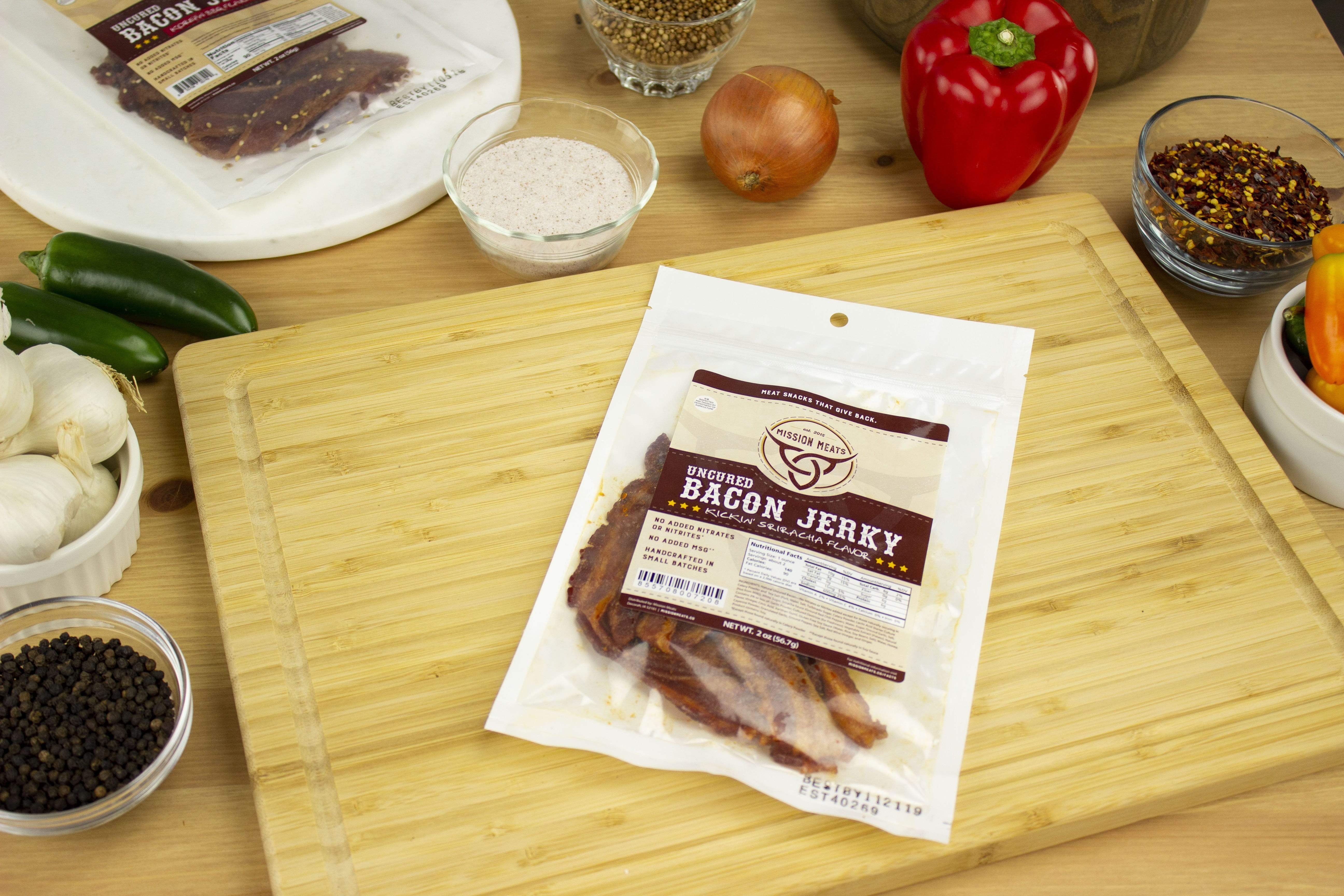 Mission Meats Bacon Jerky Kickin Sriracha Bacon Jerky Delicious Uncured Real Bacon Jerky Hand Crafted Small Batch Kickin' Sriracha MSG Free Nitrate & Nitrite Free